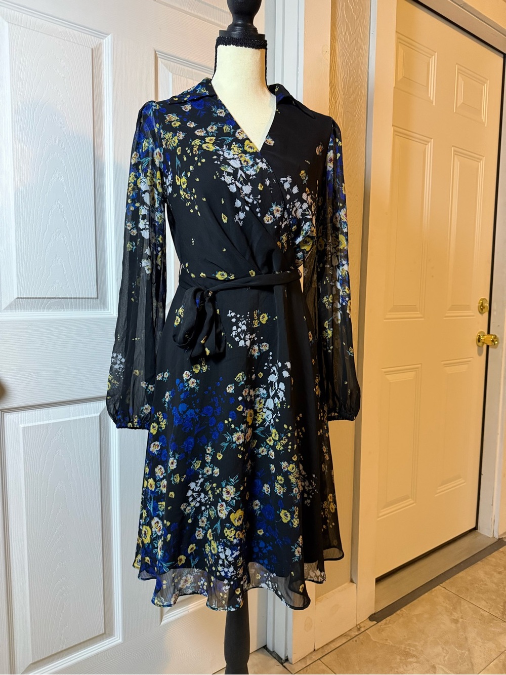 DKNY Black Floral Wrap Dress with Blue and Yellow Accents